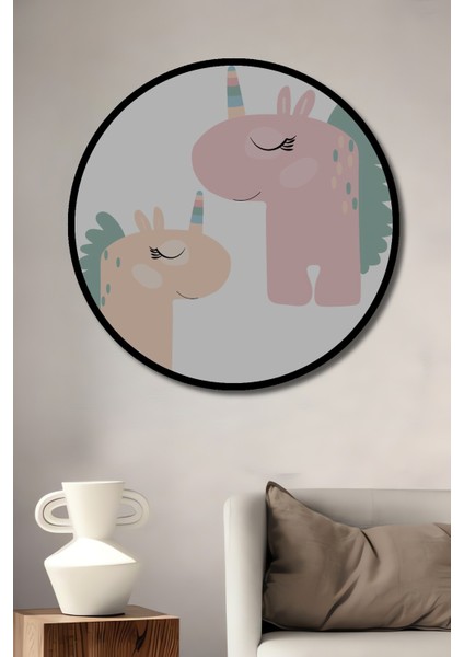 Dekoratif Ahşap Yuvarlak Çerçeve Görünümlü Tablo Pembe Unicornlar