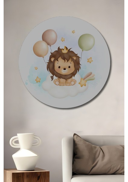 Dekoratif Ahşap Yuvarlak Tablo Aslan Balonlar Bulutlar