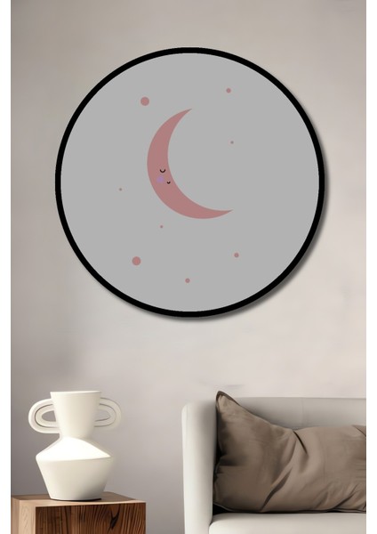 Dekoratif Ahşap Yuvarlak Çerçeve Görünümlü Tablo Pembe Ay Sessizliği