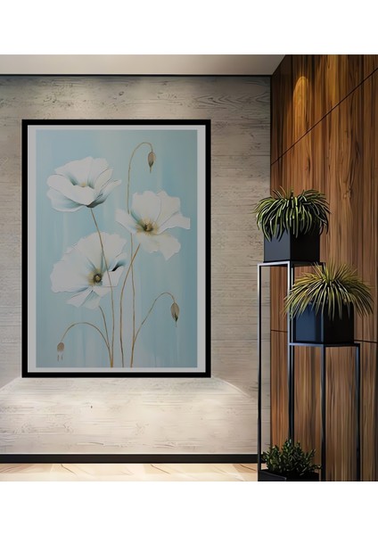 Çerçeve Görünümlü Beyaz Gelincik Çiçekleri Dekoratif Ahşap Mdf Tablo Dikdörtgen Tablo