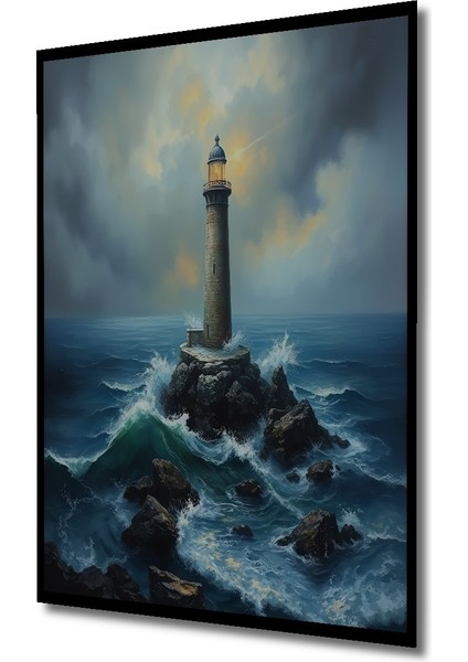 Çerçeve Görünümlü Fırtınalı Deniz Feneri Dekoratif Ahşap Mdf Tablo Dikdörtgen Tablo fiyatları