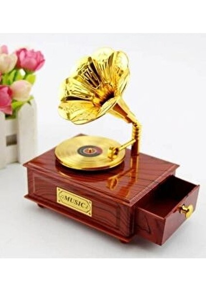 Nostaljik Gramafon Hareketli Müzik Kutusu Altın Renkli Tasarım 11cm x 15cm Hediye İçin fiyatları