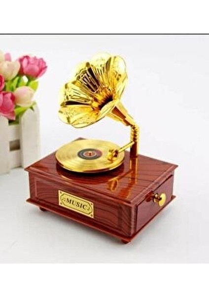 Nostaljik Gramafon Hareketli Müzik Kutusu Altın Renkli Tasarım 11cm x 15cm Hediye İçin modelleri