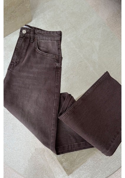 Geniş Kesik Paça Premium Jean- Kahverengi