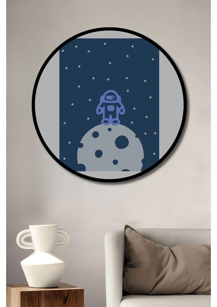Dekoratif Ahşap Yuvarlak Çerçeve Görünümlü Tablo Astronot Çocuk Odası