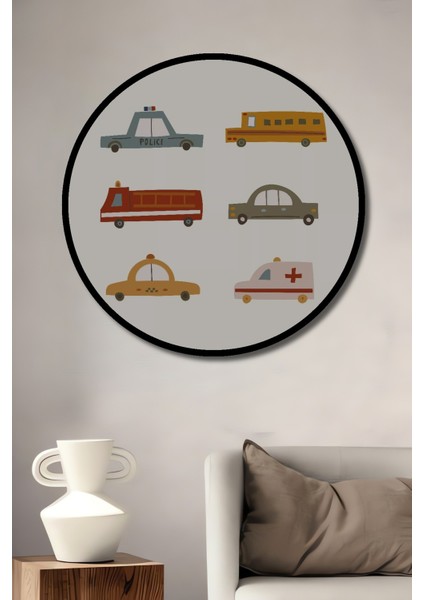 Dekoratif Ahşap Yuvarlak Çerçeve Görünümlü Tablo Polis Itfaiye Otobüs Ambulans Araba Taksi