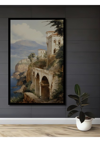 Çerçeve Görünümlü Akdeniz Sahil Kasabası Dekoratif Ahşap Mdf Tablo Dikdörtgen Tablo