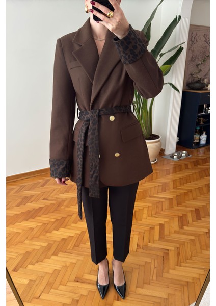 Oliselle Leopar Kemerli Kaşe Ceket- Kahverengi