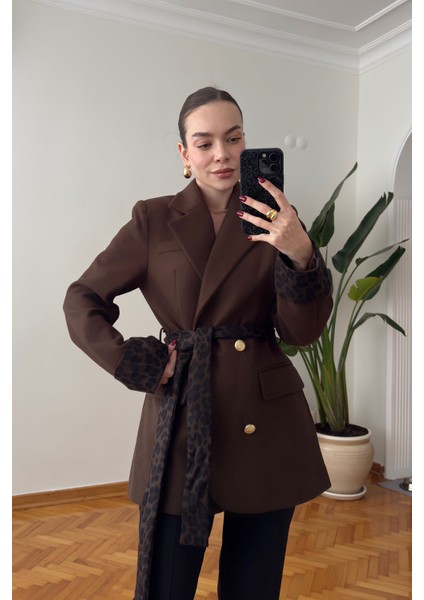 Oliselle Leopar Kemerli Kaşe Ceket- Kahverengi