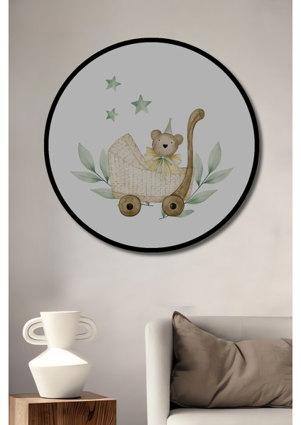 Dekoratif Ahşap Yuvarlak Çerçeve Görünümlü Tablo Ayıcık Arabası