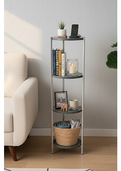 Dekoratif 4 Katlı Raflık, Çiçeklik, Köşe Rafi, Sehpa Çok Amaçlı Raf -Gri Antrasit-