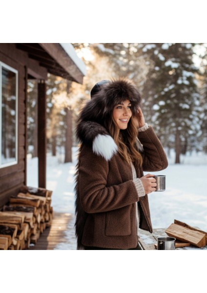Gerçek Deri Kuyruklu Deri Börk Erkek Kadın Şapka Bere Koyukahve