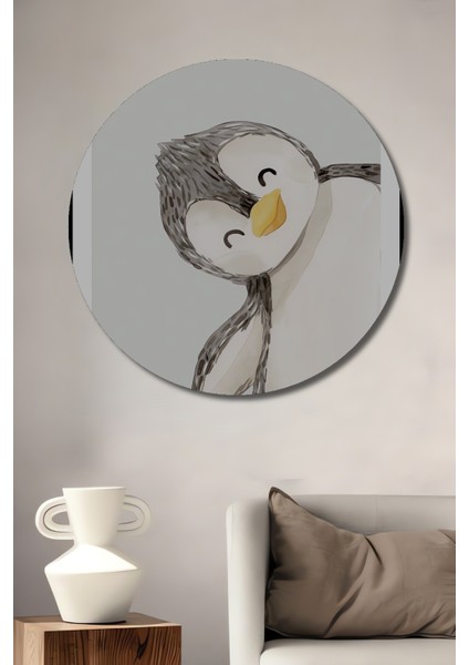 Dekoratif Ahşap Yuvarlak Tablo Eğlenceli Penguen