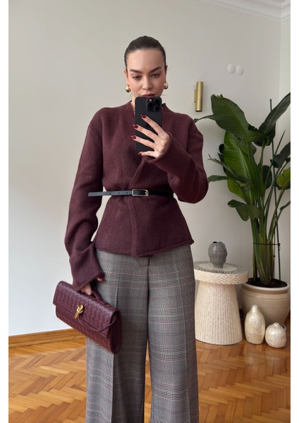 Premium Kemerli Triko Hırka- Vişne