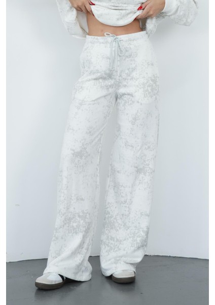 Zenara Kadın 3 Iplik Şardonsuz Pamuk Geniş Paça Eşofman Altı-Ekru-Gri Baskılı