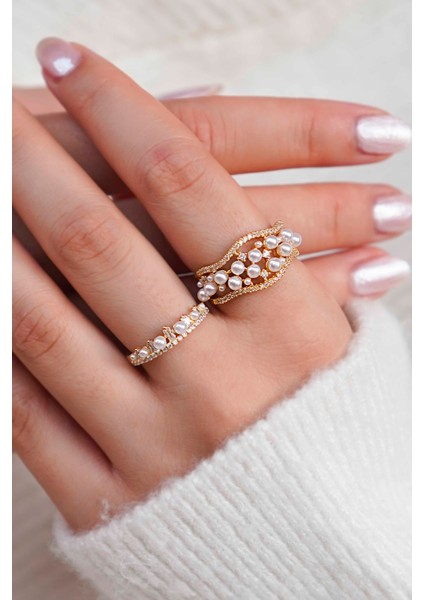 Zirkon ve Inci Detaylı Şık Kadın Yüzük Seti – Gold Renk