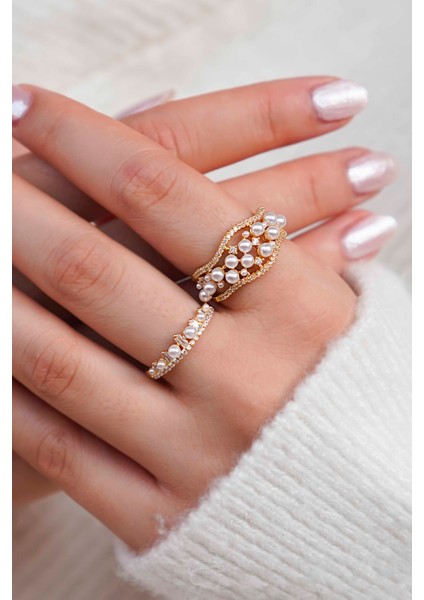 Zirkon ve Inci Detaylı Şık Kadın Yüzük Seti – Gold Renk fiyatları