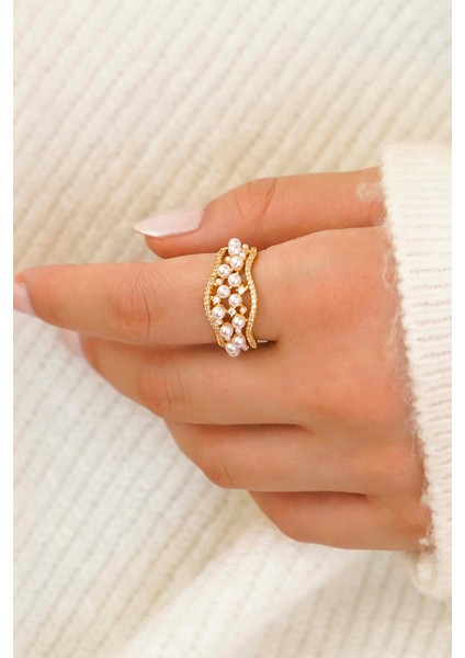 Zirkon ve Inci Detaylı Şık Kadın Yüzük Seti – Gold Renk modelleri