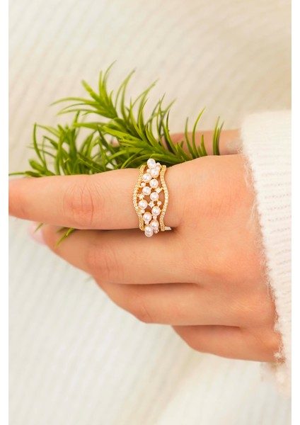 Zirkon ve Inci Detaylı Şık Kadın Yüzük Seti – Gold Renk fırsatları