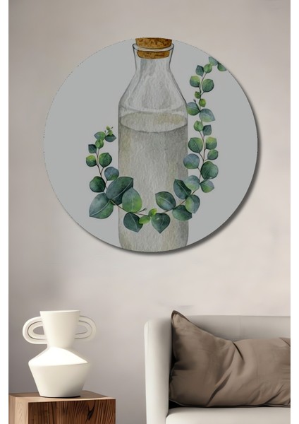 Dekoratif Ahşap Yuvarlak Tablo Şişe ve Yapraklar