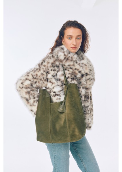 Suvea Haki Süet Deri Omuz Çantası