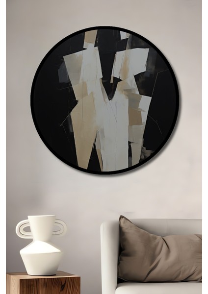 Dekoratif Ahşap Yuvarlak Çerçeve Görünümlü Tablo Soyut Figürler