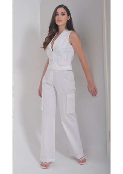 Kadın Körük Cepli Dikiş Detaylı Beyaz Pantolon