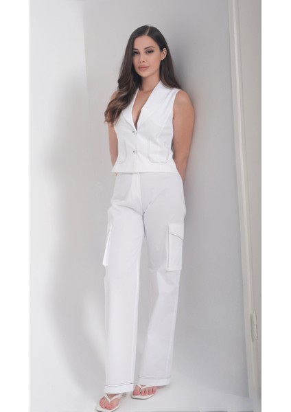 Kadın Körük Cepli Dikiş Detaylı Beyaz Pantolon fiyatları