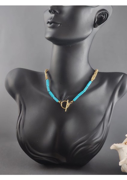 Özel Tasarım Turkuaz Taşlı Gold Örme Kolye