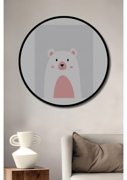 Dekoratif Ahşap Yuvarlak Çerçeve Görünümlü Tablo Mutlu Ayı