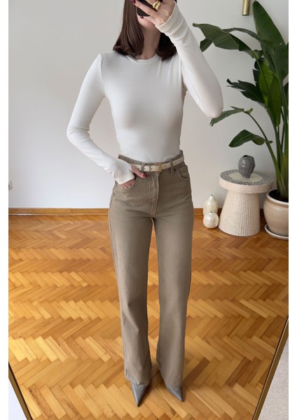 Geniş Kesik Paça Premium Jean- Bej