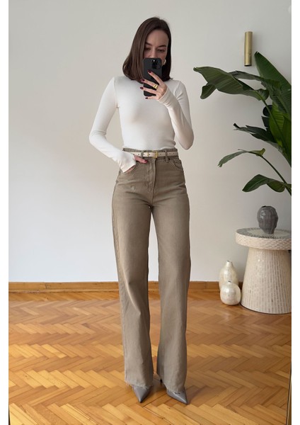Geniş Kesik Paça Premium Jean- Bej