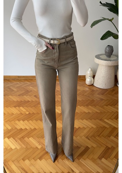 Geniş Kesik Paça Premium Jean- Bej