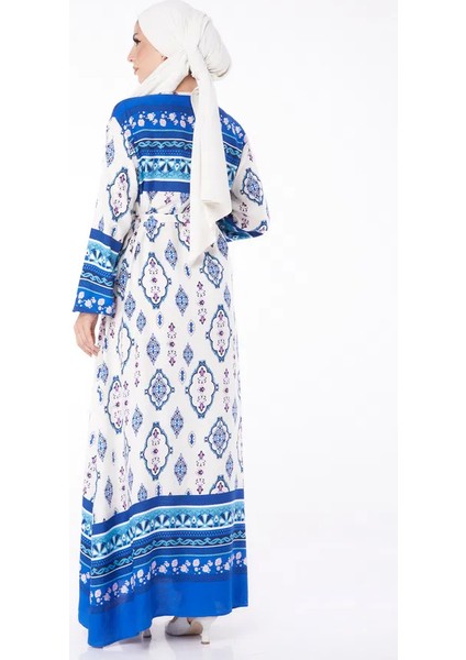 Düz Bisiklet Yaka Kadın Mavi Etnik Desenli Elbise