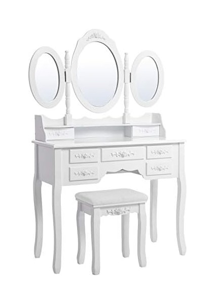3 Aynalı ve Tabureli Tuvalet Masası, 7 Çekmece, Eğim Koruması, Lüks, 145 x 90 x 40 Cm, Beyaz RDT91W modelleri