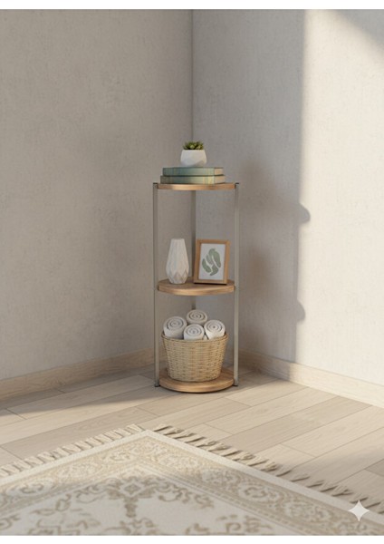 Dekoratif 3 Katlı Raflık, Çiçeklik, Köşe Rafi, Sehpa Çok Amaçlı Raf -Gri Ceviz-