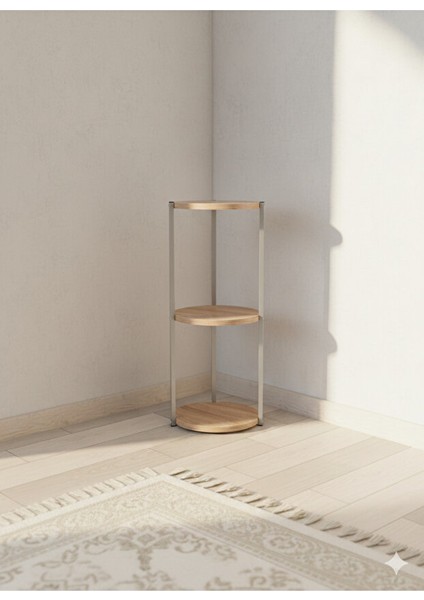 Dekoratif 3 Katlı Raflık, Çiçeklik, Köşe Rafi, Sehpa Çok Amaçlı Raf -Gri Ceviz-