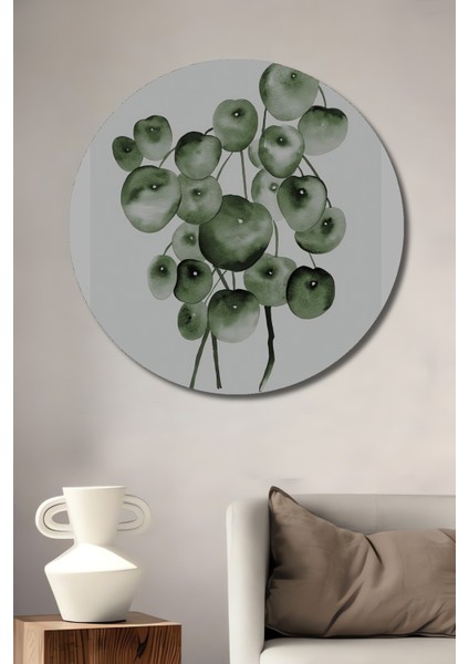 Dekoratif Ahşap Yuvarlak Tablo Yeşil Bitki Resmi