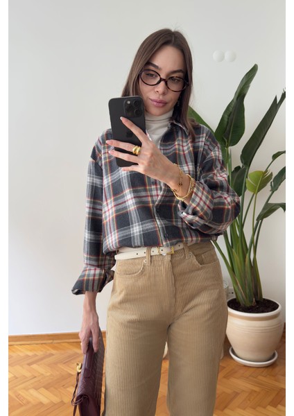 Ekose Desen Oversize Premium Gömlek- Antrasit