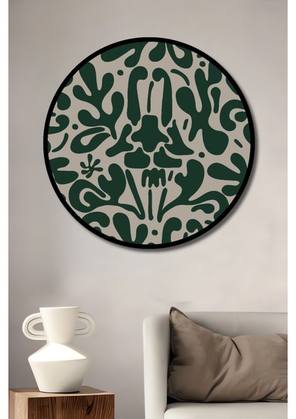 Dekoratif Ahşap Yuvarlak Çerçeve Görünümlü Tablo Yeşil Desenler
