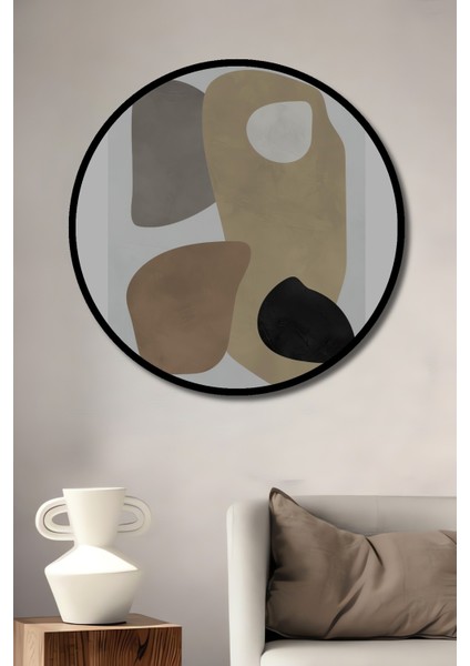 Dekoratif Ahşap Yuvarlak Çerçeve Görünümlü Tablo Soyut Formlar Kompozisyonu