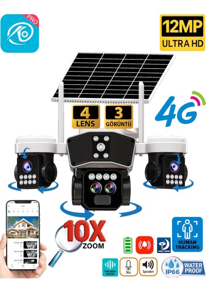 O-Kam 9095 12MP 10X Zoom 4 Lens 3 Ekran UltraHD 4G Solar Akıllı Güvenlik Kamerası