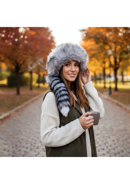 Gerçek Deri Kuyruklu Deri Börk Erkek Kadın Şapka Bere Gri