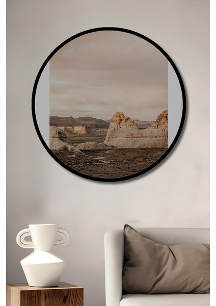 Dekoratif Ahşap Yuvarlak Çerçeve Görünümlü Tablo Çöl Manzarası
