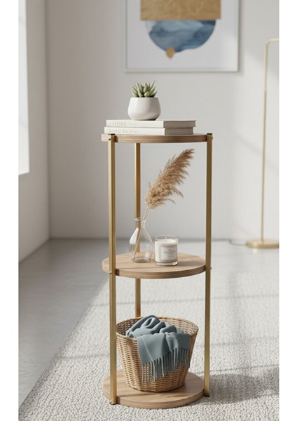 Dekoratif 3 Katlı Raflık, Çiçeklik, Köşe Rafi, Sehpa Çok Amaçlı Raf -Gold Ceviz-