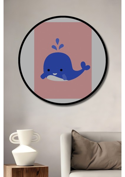 Dekoratif Ahşap Yuvarlak Çerçeve Görünümlü Tablo Mavi Balina