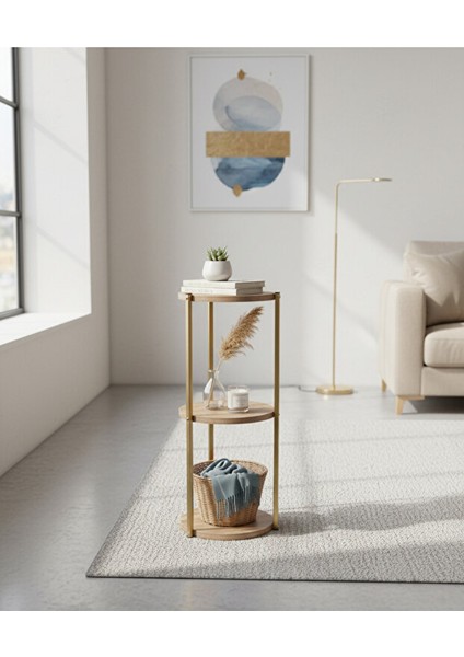Dekoratif 3 Katlı Raflık, Çiçeklik, Köşe Rafi, Sehpa Çok Amaçlı Raf -Gold Ceviz- fırsatları