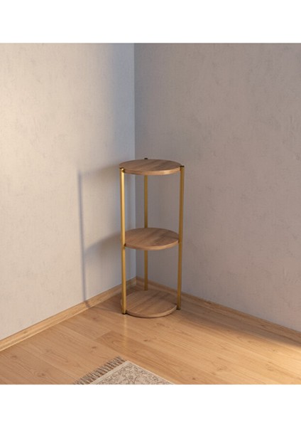 Dekoratif 3 Katlı Raflık, Çiçeklik, Köşe Rafi, Sehpa Çok Amaçlı Raf -Gold Ceviz- indirimleri