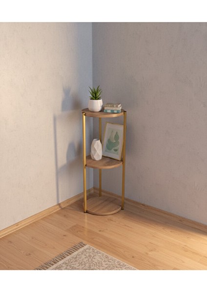 Dekoratif 3 Katlı Raflık, Çiçeklik, Köşe Rafi, Sehpa Çok Amaçlı Raf -Gold Ceviz-