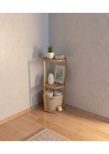 Dekoratif 3 Katlı Raflık, Çiçeklik, Köşe Rafi, Sehpa Çok Amaçlı Raf -Gold Ceviz-